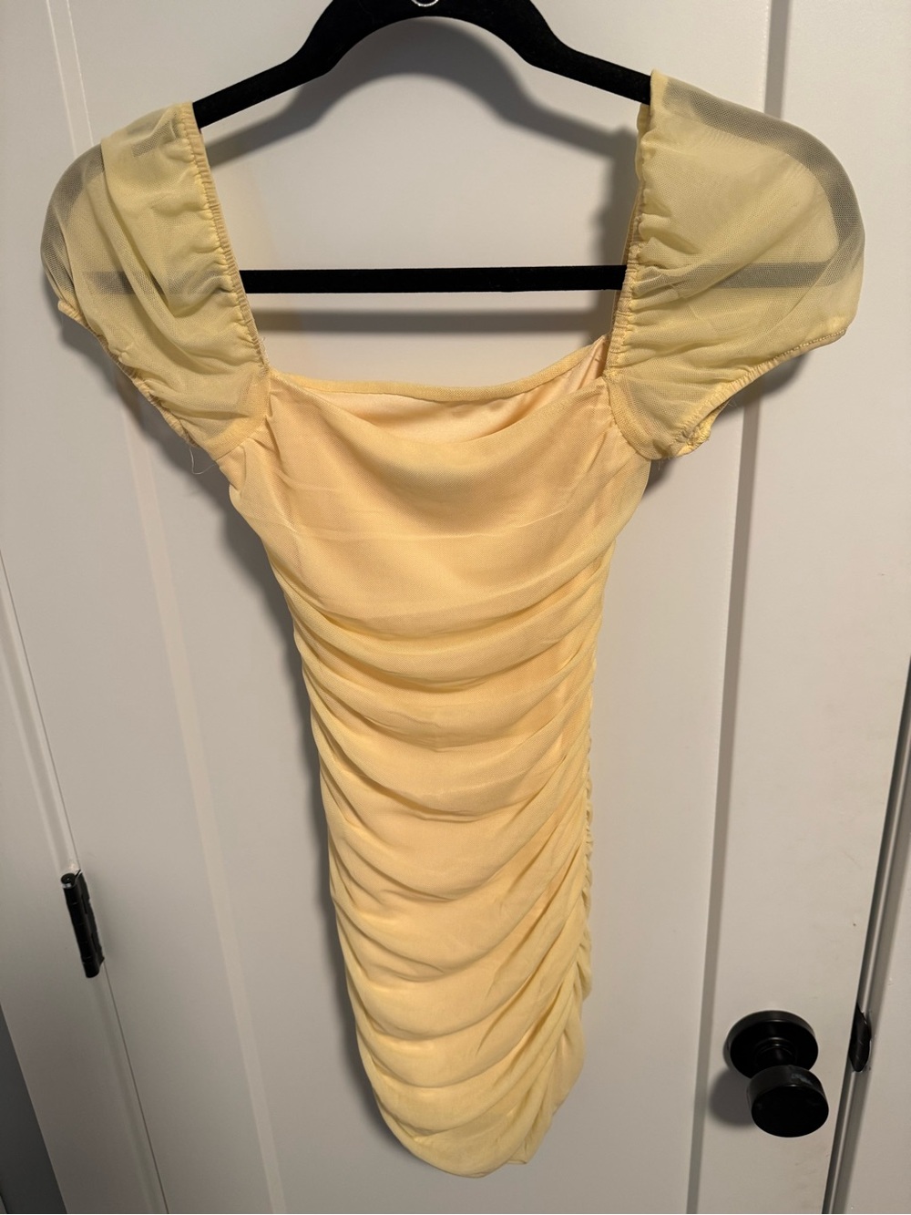 Princess Polly Puff-Sleeve Ruched Mini Dress in Pale Yellow